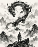 Black and white ink-style artwork shows a lone samurai facing a fierce serpentine dragon swirling above misty mountains, evoking ancient Eastern mythology.

