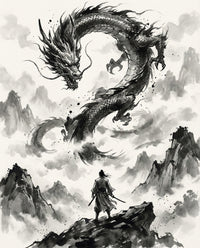 Black and white ink-style artwork shows a lone samurai facing a fierce serpentine dragon swirling above misty mountains, evoking ancient Eastern mythology.
