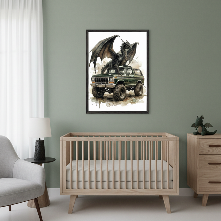 Modern nursery with a light wood crib and dresser. A gray armchair is on the left. A framed watercolor print depicting a black dragon on a green off-road SUV hangs above the crib on the sage green wall.