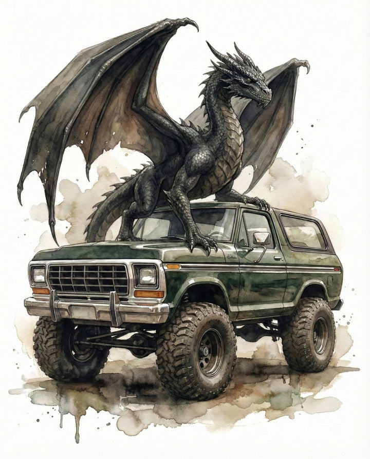 Watercolor-style illustration of a fierce black dragon perched on the roof of a dark green vintage Ford Bronco with oversized off-road tires, blending fantasy and automotive themes for bold and adventurous wall décor.
