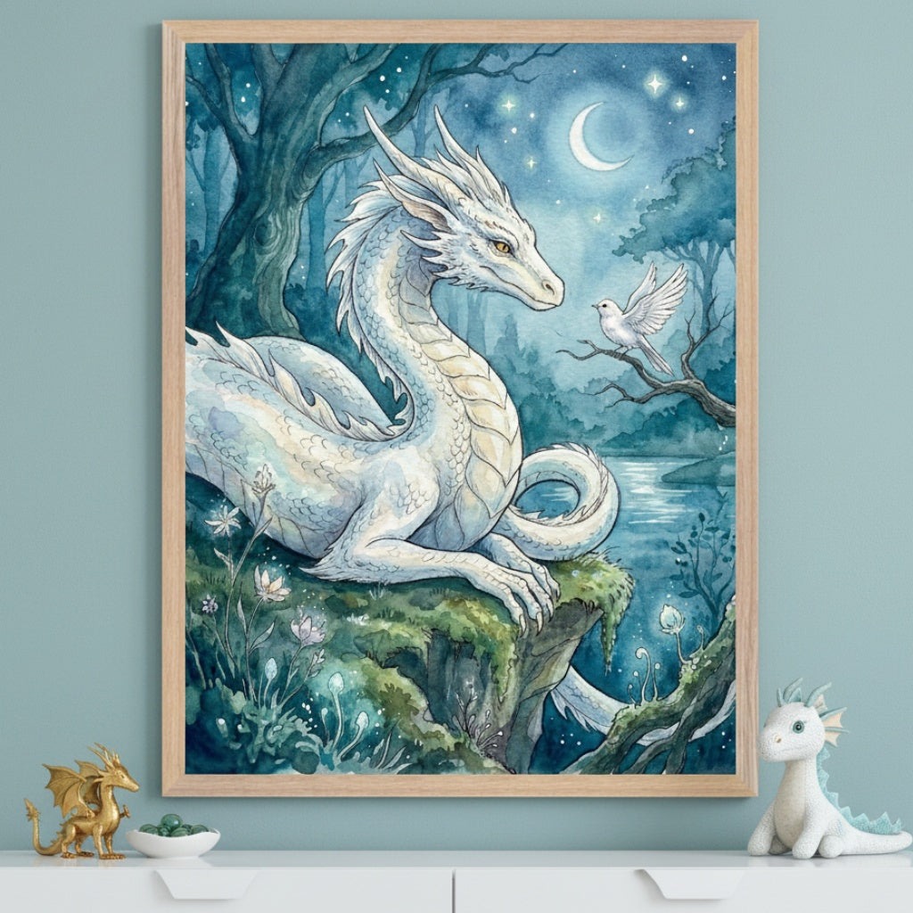 Kid's room with a light blue-green wall and white dresser. A framed watercolor painting of a white dragon resting on a mossy cliff, looking at a white bird, in a moonlit forest hangs above the dresser. Golden and plush dragon toys are on the dresser.
