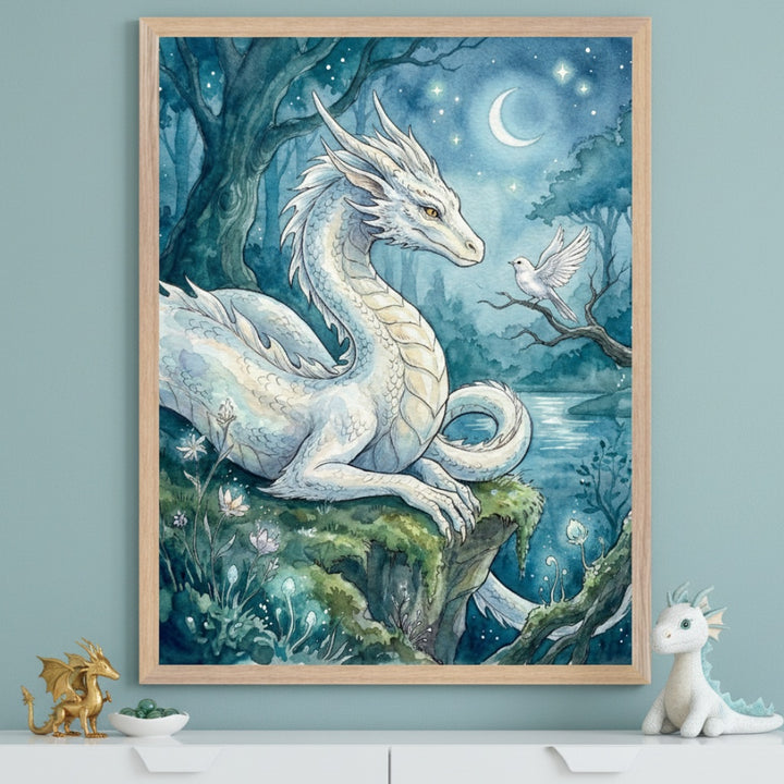Kid's room with a light blue-green wall and white dresser. A framed watercolor painting of a white dragon resting on a mossy cliff, looking at a white bird, in a moonlit forest hangs above the dresser. Golden and plush dragon toys are on the dresser.