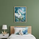 Kid's bedroom with a green wall. A wooden bed with a cloud-patterned pillow and a white dragon plush toy, and a white nightstand with a gold lamp. Above the bed hangs a framed art print depicting a white dragon and a bird in a moonlit forest, painted in an illustrative style.