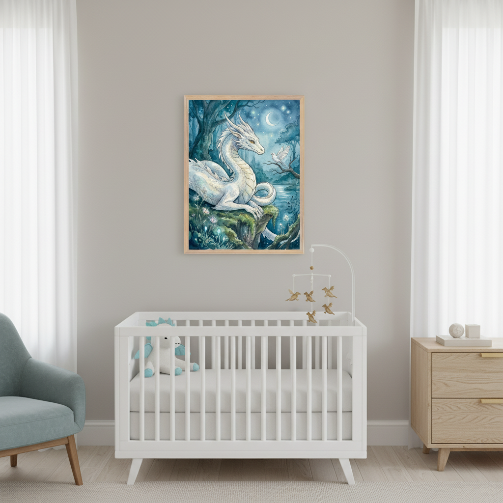 Modern nursery with a white crib, light blue armchair, and wood dresser. A framed watercolor print above the crib shows a white dragon on rocks in a blue forest with a moon and stars.