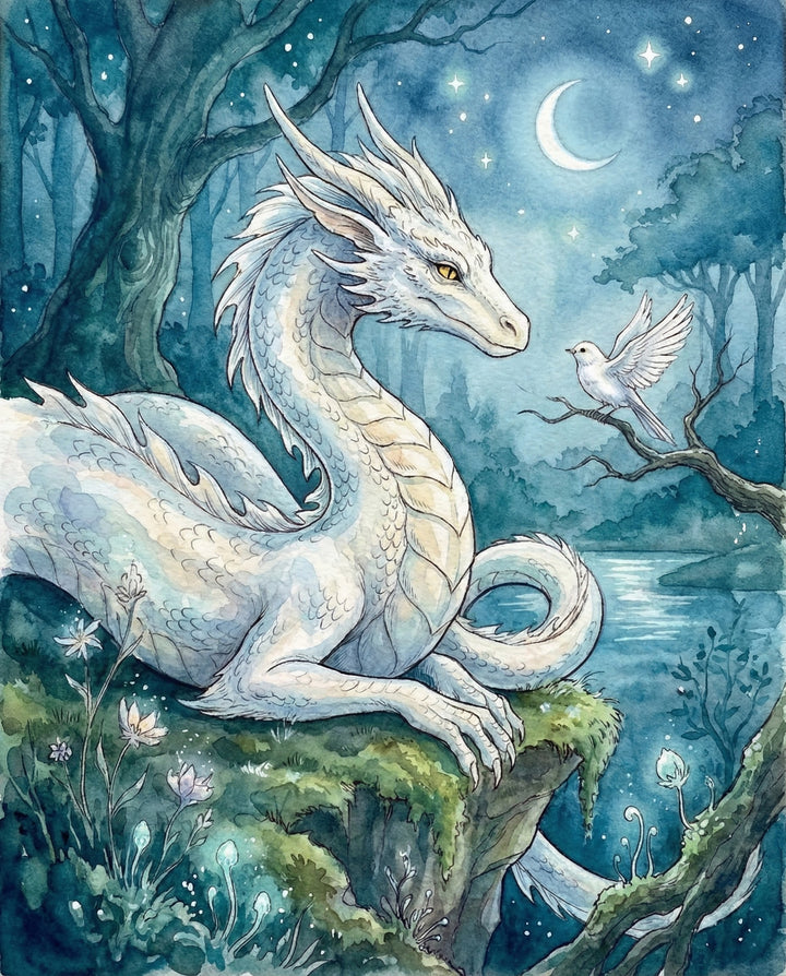 Dreamy watercolor painting of a majestic white dragon resting by a glowing river, gazing peacefully at a white bird perched on a branch, with a crescent moon and stars lighting up the serene forest night.
