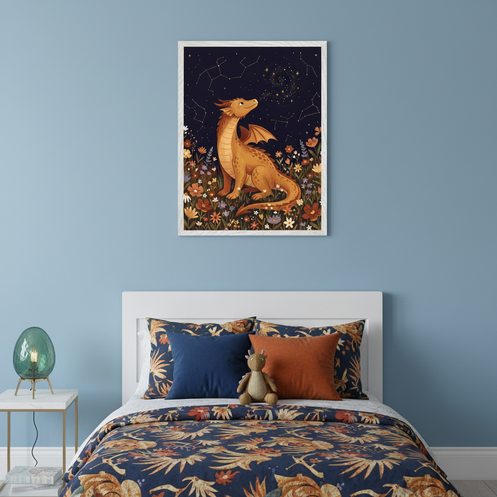 Kid's bedroom with a white bed and nightstand. Centered above the bed hangs framed art showing an orange dragon in wildflowers looking at constellations and stars against a dark blue sky, in an illustrated style.