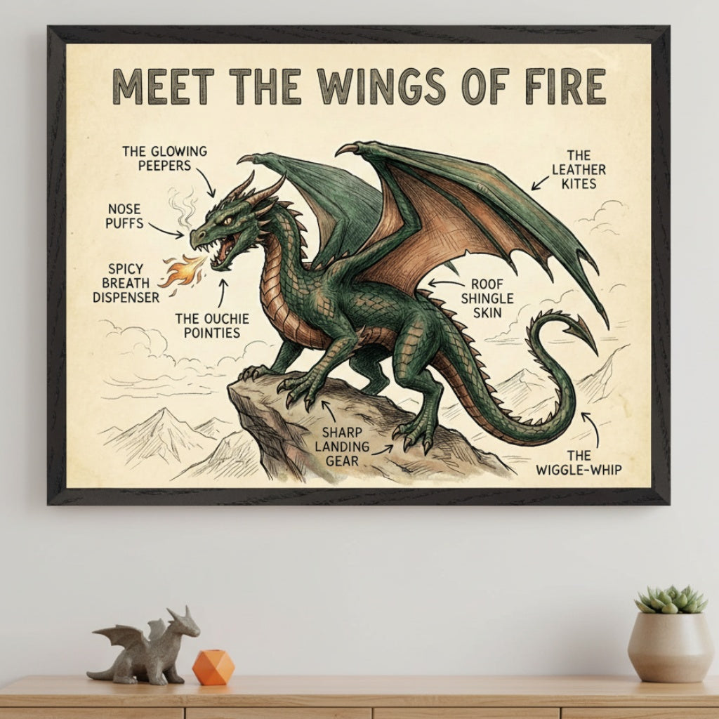 Modern room with a light wood dresser. A framed poster hangs above the dresser, depicting a green dragon on a rock, titled "MEET THE WINGS OF FIRE". The dragon's parts are labeled with humorous names like "Spicy Breath Dispenser". A small dragon figurine and a potted succulent are on the dresser.