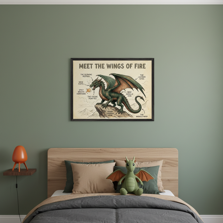 Kid's bedroom with a wooden bed. Centered above the bed hangs a framed poster of a green dragon with labeled body parts, titled "MEET THE WINGS OF FIRE". A green dragon plushie sits on the bed; an orange lamp is on a shelf to the left.