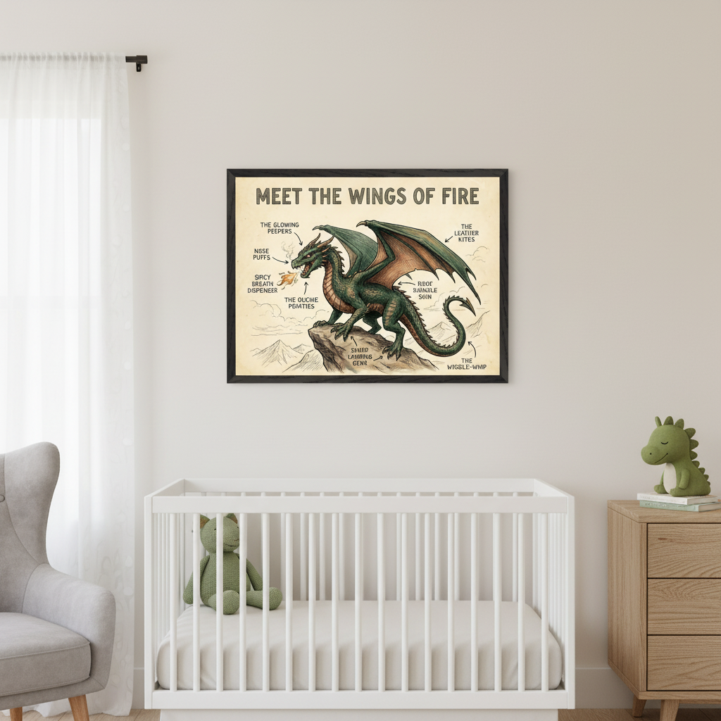 Modern nursery with a white crib, gray armchair, and wood dresser. A framed, humorous, anatomical illustration of a green dragon with labeled parts hangs centered above the crib.