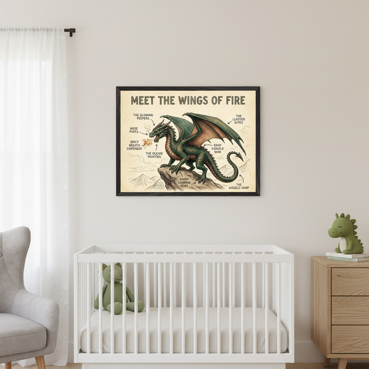 Modern nursery with a white crib, gray armchair, and wood dresser. A framed, humorous, anatomical illustration of a green dragon with labeled parts hangs centered above the crib.