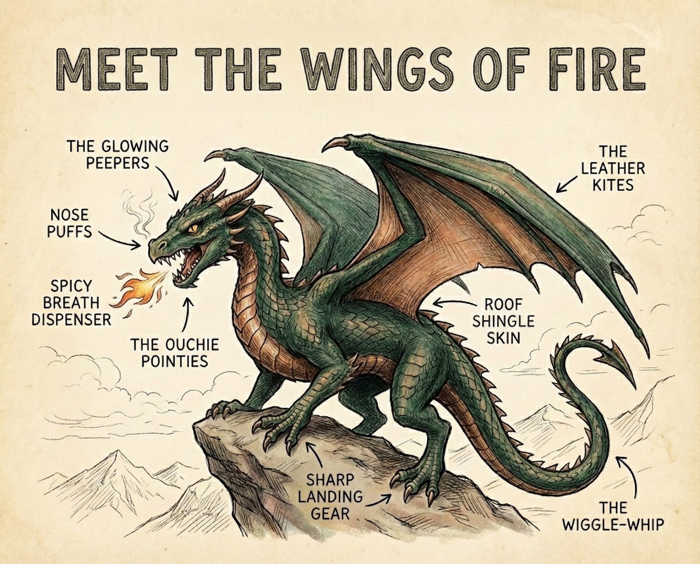 A whimsical breakdown of a dragon’s features, including playful labels like "The Ouchie Pointies" for the horns, "The Spicy Breath Dispenser" for the fire-breathing ability, and "Roof Shingle Skin" for its scales, all depicted in an engaging, illustrated style.
