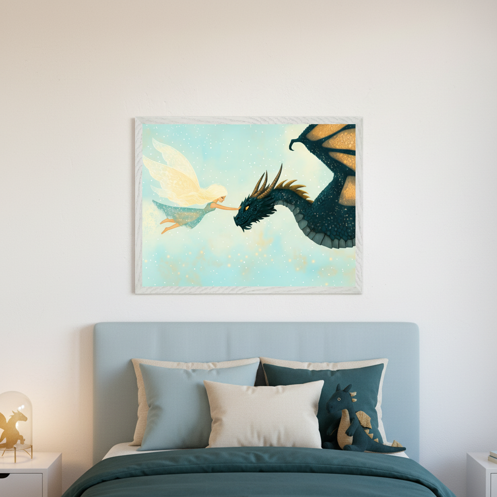 Kid's bedroom with a light blue bed. A framed fantasy illustration of a blonde fairy reaching towards a dark blue dragon hangs centered above the bed.