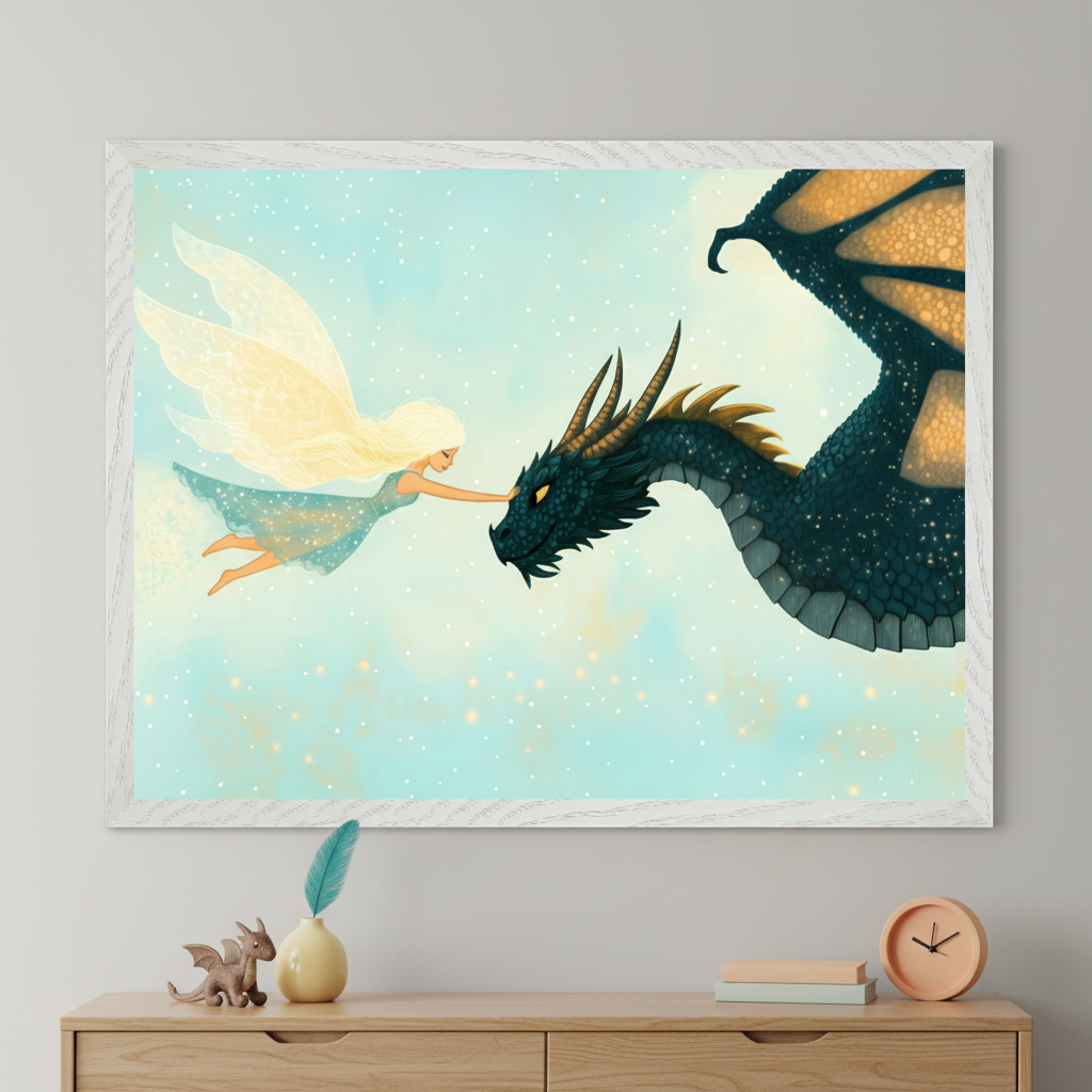 Modern room with a light wood dresser. A large framed print of a whimsical illustration depicting a blonde fairy touching the snout of a dark blue-green dragon in a starry sky hangs above the dresser.