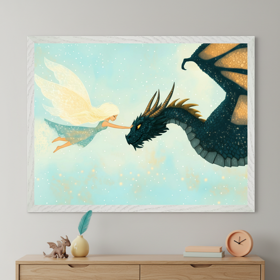Modern room with a light wood dresser. A large framed print of a whimsical illustration depicting a blonde fairy touching the snout of a dark blue-green dragon in a starry sky hangs above the dresser.