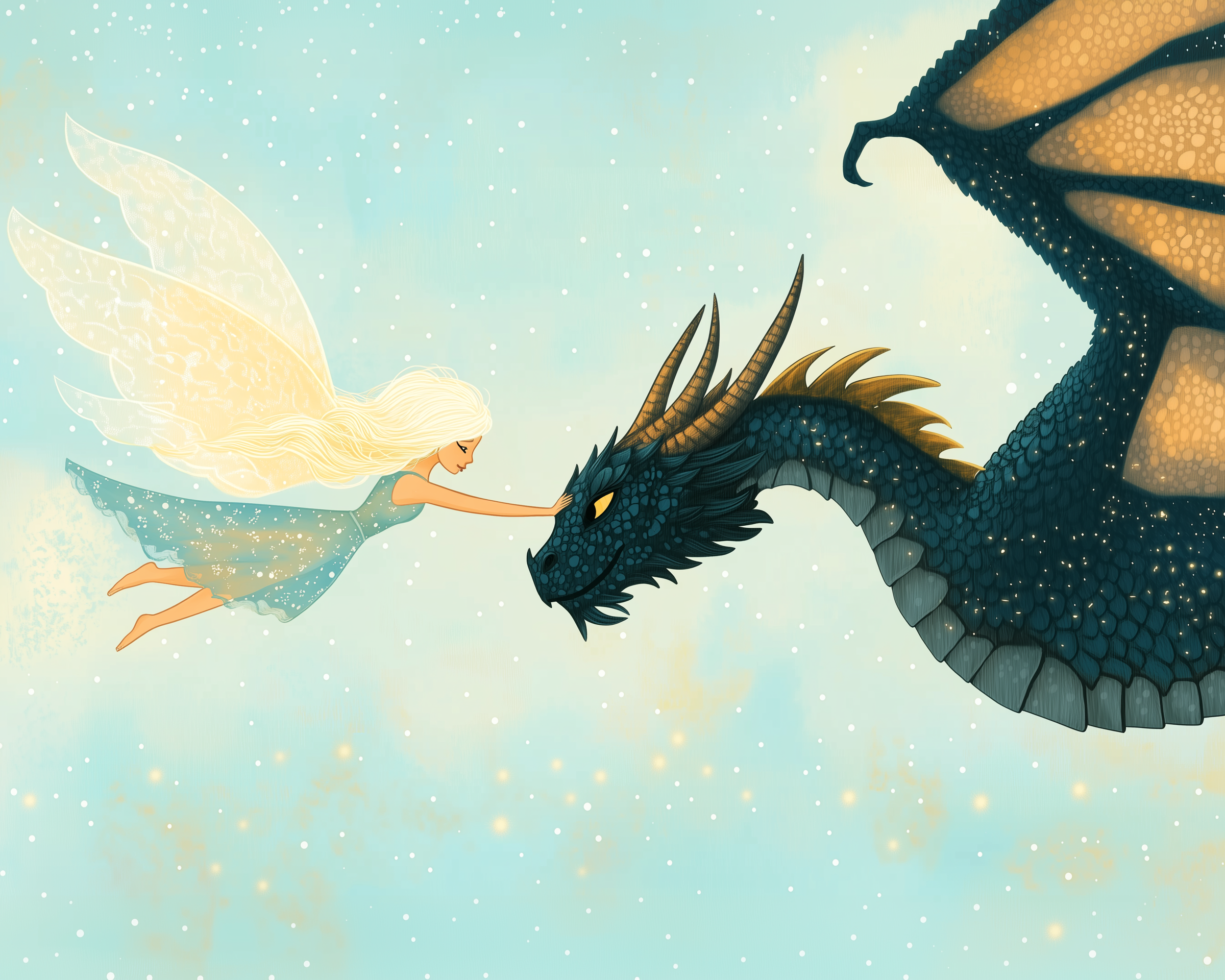 A fairy with flowing blonde hair and delicate wings gently touches the snout of a large, dark dragon with golden eyes and textured scales, set against a dreamy sky filled with sparkling stars.