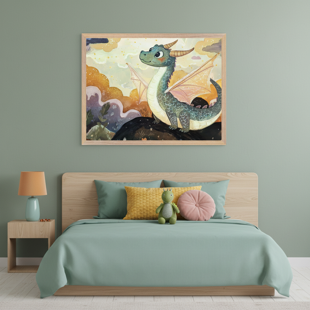 A cozy bedroom features a wooden bed with a soft green comforter and pillows, including a yellow and a pink one. A small plush dragon toy sits on the bed. Above, a colorful framed painting of a whimsical dragon decorates the light green wall. A wooden nightstand with an orange lamp completes the scene.