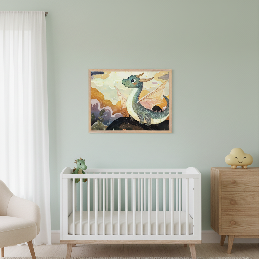A cozy nursery features a white crib with a plush green dragon toy inside, set against a light green wall. Above the crib hangs a colorful framed artwork of a whimsical dragon in a fantasy landscape. To the right, a wooden dresser with a smiling cloud lamp adds a charming touch, and a cream-colored armchair sits to the left.