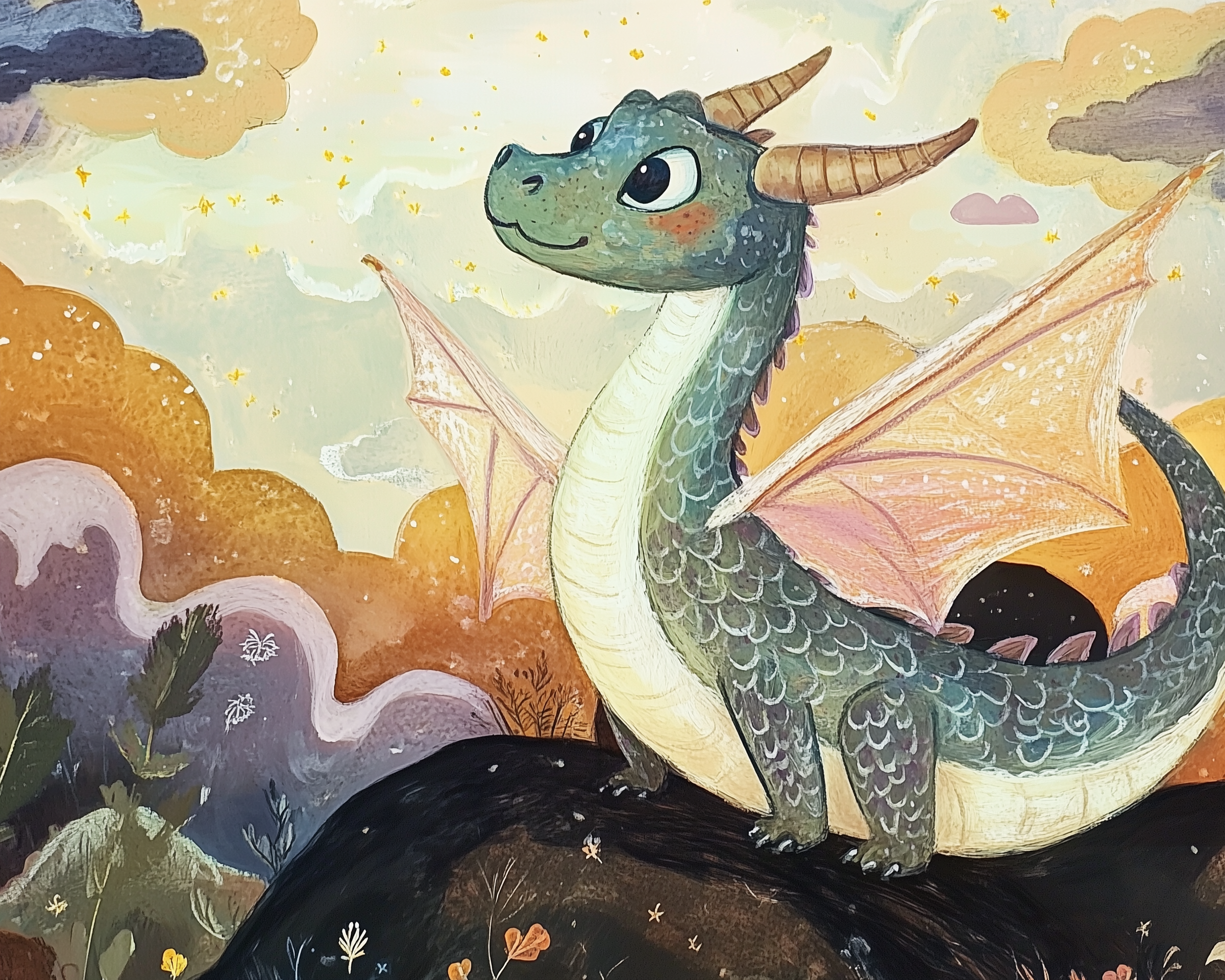 A charming dragon with green scales and pink wings stands on a hill, gazing upwards. The sky is filled with fluffy clouds and twinkling stars, creating a whimsical atmosphere.