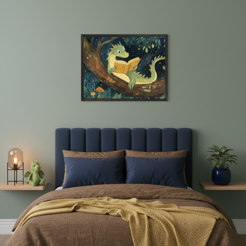 Kid's bedroom with a sage green wall and a bed with a navy headboard. A framed illustration of a green dragon reading a book in a tree at night hangs above the bed.