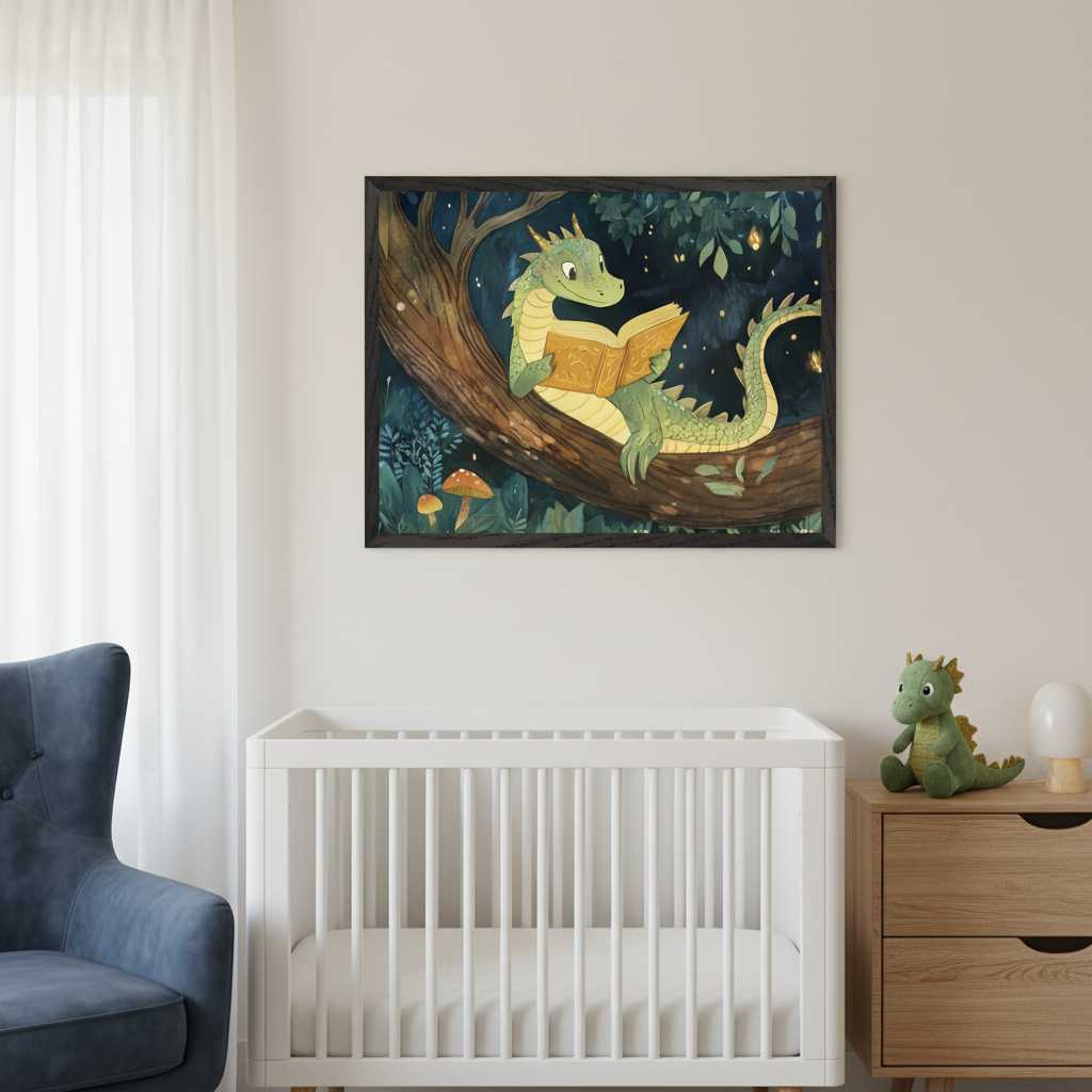 Modern nursery with a white crib, blue armchair, and wooden dresser. A framed print of a green, illustrated dragon reading a book while sitting in a tree hangs centered above the crib and dresser.