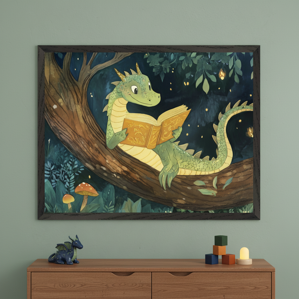 Dragon Wall Art for Nursery, Playroom or Kids Bedrooms - Whimsical Dragon Reading Book in Enchanted Forest - Dragon Verse