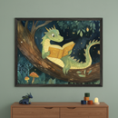 Kid's bedroom with a wooden dresser against a sage green wall. A large framed print of a cartoon-style green dragon reading a book on a tree branch in a dark forest hangs centered above the dresser. A dragon figurine, colorful blocks, and a small lamp are on the dresser.