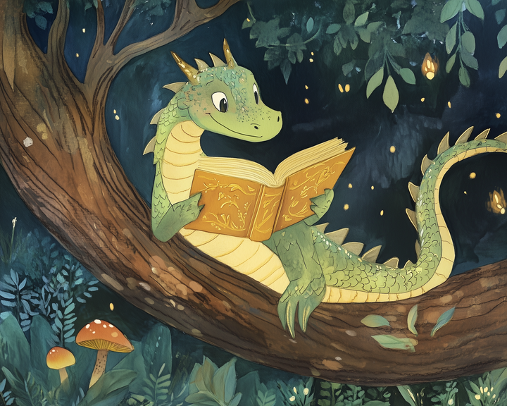 A whimsical dragon with green scales and golden horns is perched on a tree branch, engrossed in reading a book with an ornate cover. The scene is set in a magical forest at night, illuminated by glowing fireflies and surrounded by lush foliage and mushrooms.