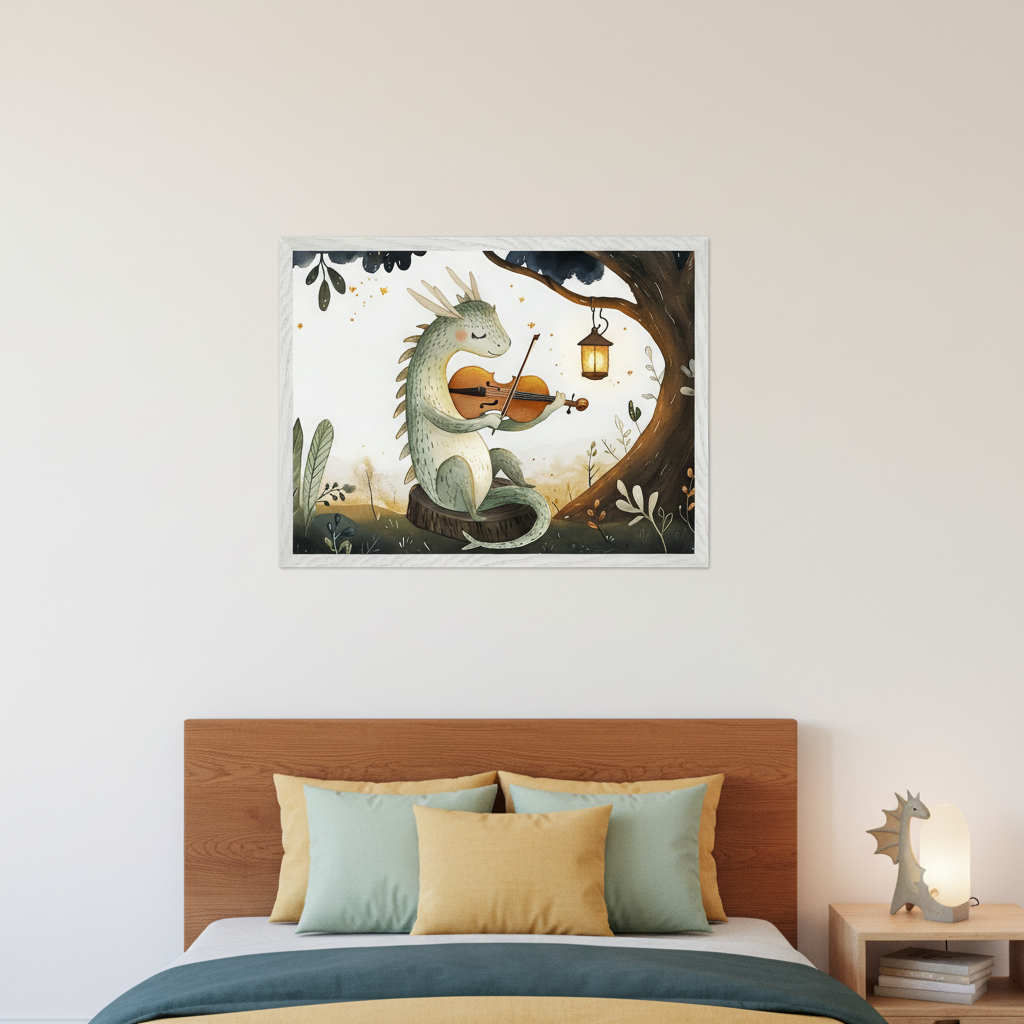 Kid's bedroom with a wooden headboard bed. A framed watercolor print of a green dragon playing a violin under a tree with a lantern hangs above the bed. A dragon lamp sits on a nightstand to the right.