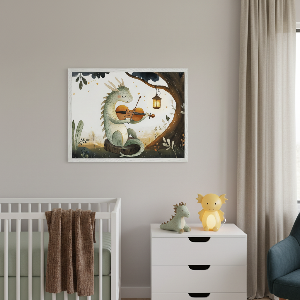 Modern nursery with a white crib, dresser, and blue armchair. A large framed print of a cartoon-style light green dragon playing a violin hangs above the crib and dresser. A yellow dragon night light and plush toy are on the dresser.