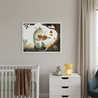 Modern nursery with a white crib, dresser, and blue armchair. A large framed print of a cartoon-style light green dragon playing a violin hangs above the crib and dresser. A yellow dragon night light and plush toy are on the dresser.
