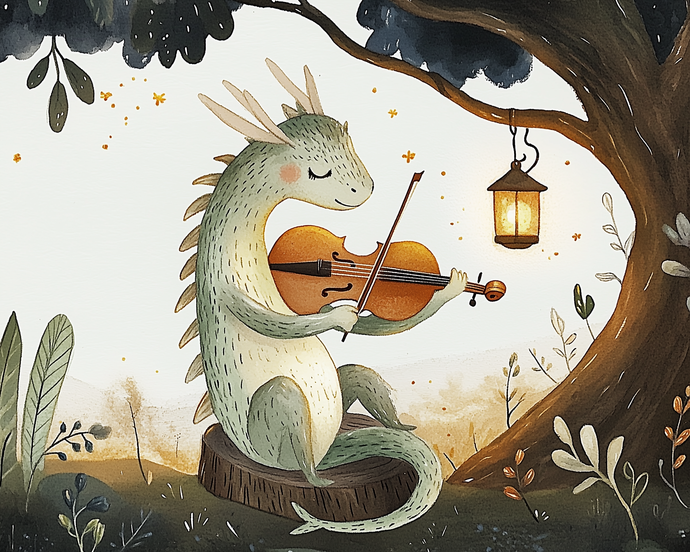 A whimsical dragon sits on a tree stump, playing a violin under a tree adorned with a glowing lantern. The scene is surrounded by delicate plants and tiny glowing fireflies, creating a magical atmosphere.