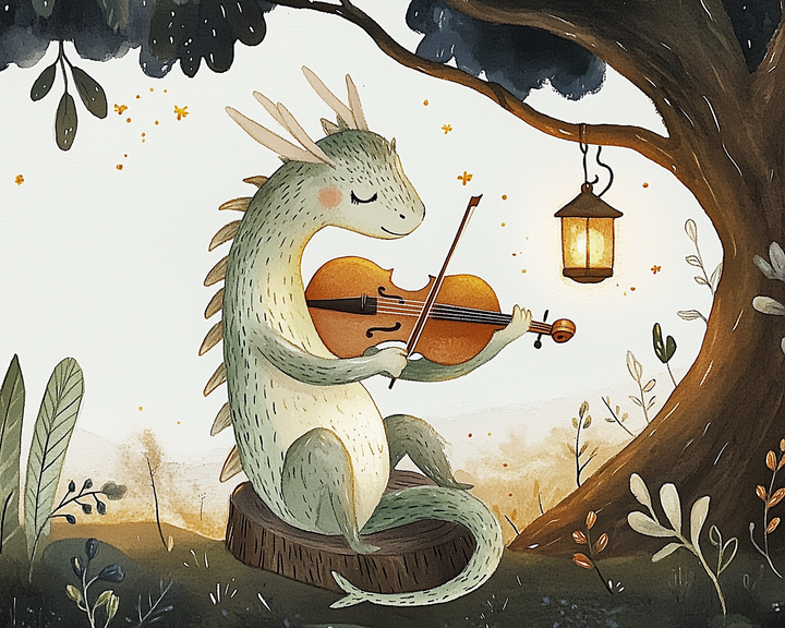 A whimsical dragon sits on a tree stump, playing a violin under a tree adorned with a glowing lantern. The scene is surrounded by delicate plants and tiny glowing fireflies, creating a magical atmosphere.