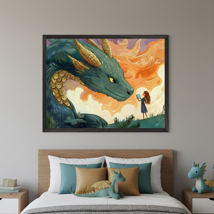 Kid's bedroom with a wooden bed, white bedding, teal and gold pillows. A large framed painting, centered above the bed, shows a teal dragon with gold scales looking at a girl holding a tablet against an orange and purple sky. Dragon plushies are on the bed and nightstand.