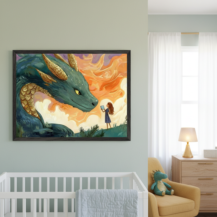 Modern nursery with a white crib, yellow armchair, and wood dresser. A large framed print depicting a teal dragon looking at a girl with a tablet in an illustrative style hangs above the crib on a light green wall.