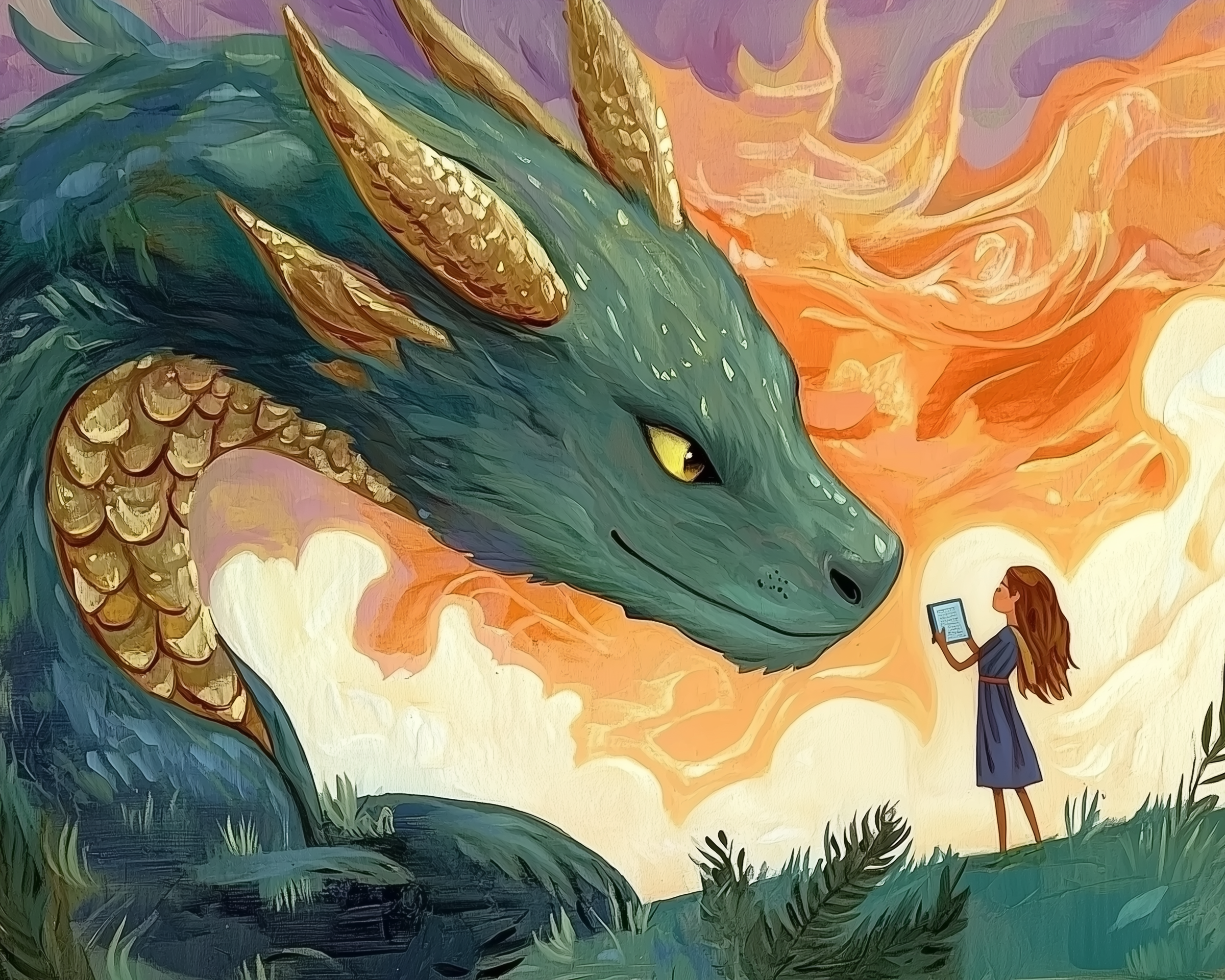 A young girl in a blue dress stands on a grassy hill, holding an open book, facing a large, majestic dragon with shimmering golden scales and horns. The dragon gazes at her against a vibrant sky painted with swirling orange and purple hues.
