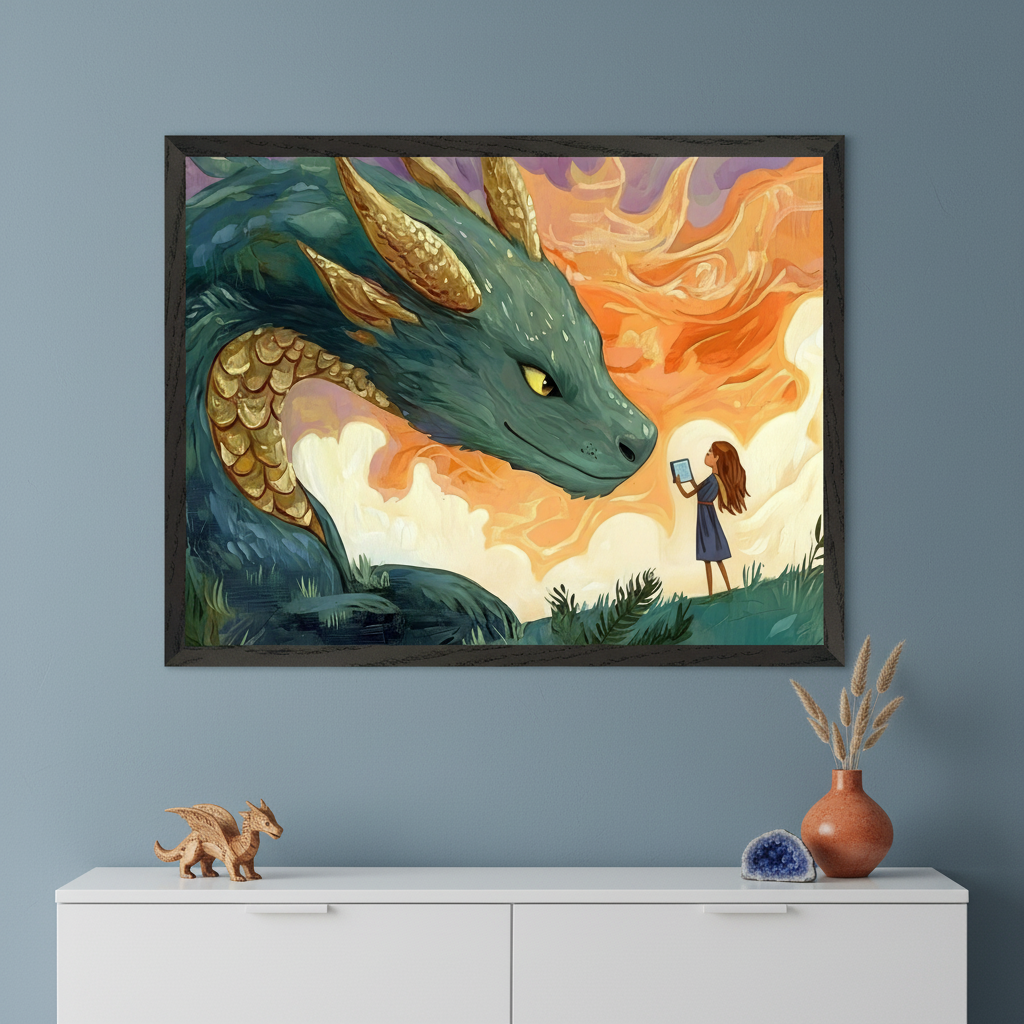 Modern room with a white two-drawer dresser. A large framed painting of a green and gold dragon looking at a girl reading an e-reader hangs centered above the dresser. A dragon figurine, blue geode, and vase with wheat stalks are on the dresser.