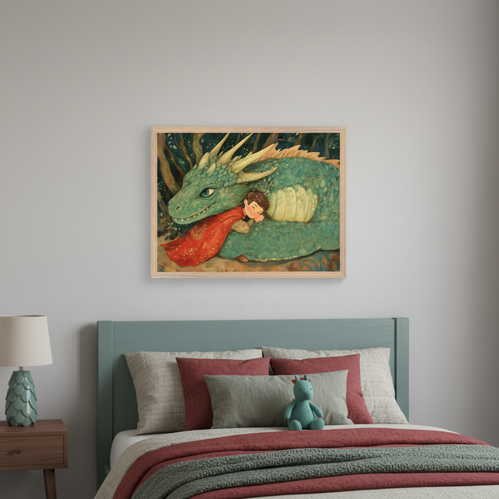 Kid's bedroom with a teal bed and wooden nightstand. A framed illustration of a green dragon with a sleeping child in a red cape rests against it hangs on the wall above the bed.