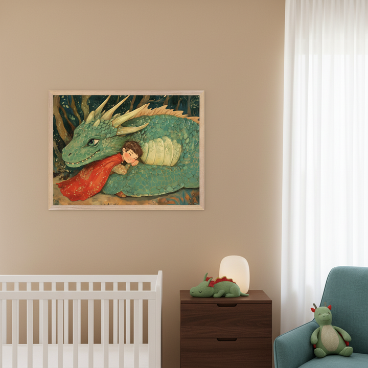 Modern nursery with a white crib, dark wood dresser, and teal armchair. A framed print of a boy in a red cape sleeping beside a friendly green dragon in an illustrative style hangs above the crib and dresser.