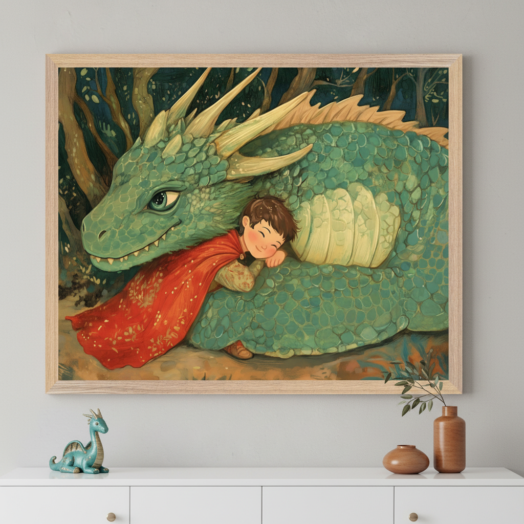 Dragon and Boy Wall Art for Nursery, Playroom or Kids Bedrooms - Heartwarming Fantasy Friendship Decor - Gentle Protector