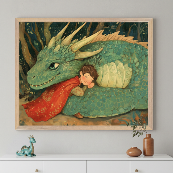 Modern room with a white dresser. Large framed art of a friendly green dragon and a boy in a red cape snuggling it hangs centered above the dresser. A small dragon figurine and two vases are on the dresser.