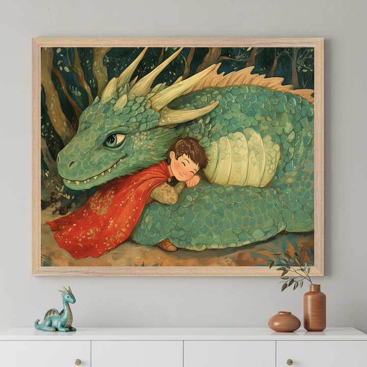 Modern room with a white dresser. Large framed art of a friendly green dragon and a boy in a red cape snuggling it hangs centered above the dresser. A small dragon figurine and two vases are on the dresser.