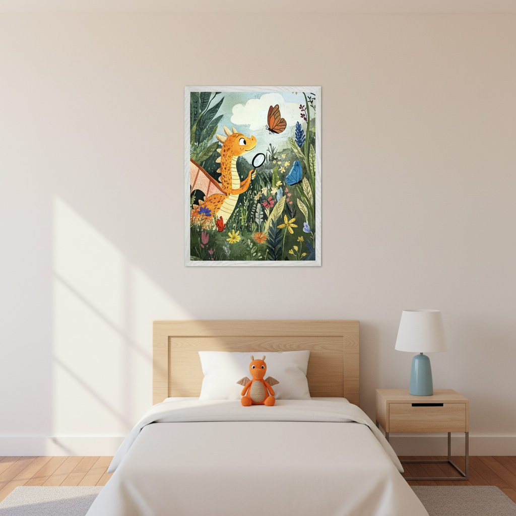 Kid's bedroom with a light wooden bed and white bedding. A framed illustration of an orange dragon with a magnifying glass examining a brown butterfly in a colorful garden hangs above the bed. A matching dragon plush sits on the bed, and a nightstand with a blue lamp is to the right.