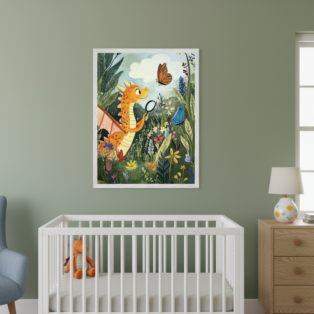 Modern nursery with sage green walls. A large framed illustration of an orange dragon with a magnifying glass looking at butterflies in a garden hangs above a white crib. A wooden dresser is to the right of the crib, and a blue armchair is to the left.