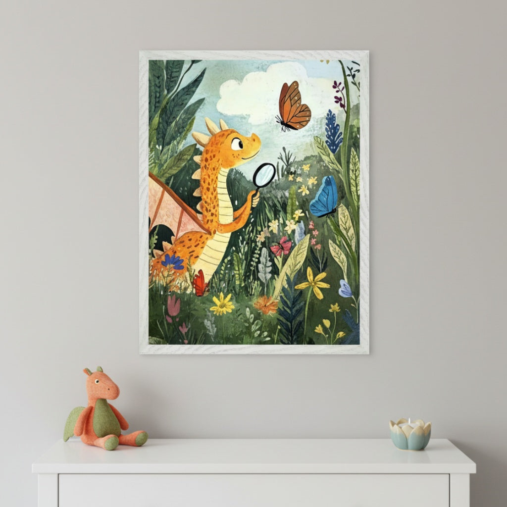 Kid's room with a white dresser. Above it, a framed illustration shows an orange dragon with a magnifying glass examining butterflies in a vibrant, flowery garden. A plush dragon toy and a decorative candle sit on the dresser.