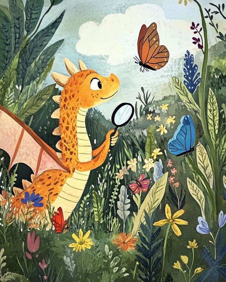 A cute orange dragon with wings holds a magnifying glass while observing a butterfly in a vibrant, lush garden filled with colorful flowers and greenery.