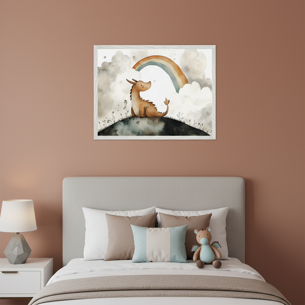 Kid's bedroom with a grey upholstered bed and white nightstand. A framed watercolor print of a brown dragon sitting on a hill under a rainbow and clouds hangs centered above the bed.