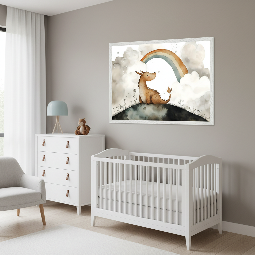 Modern nursery with a white crib, white dresser, and gray armchair. A large framed watercolor print, depicting a brown dragon on a hill with a rainbow and clouds, hangs above the dresser and crib.