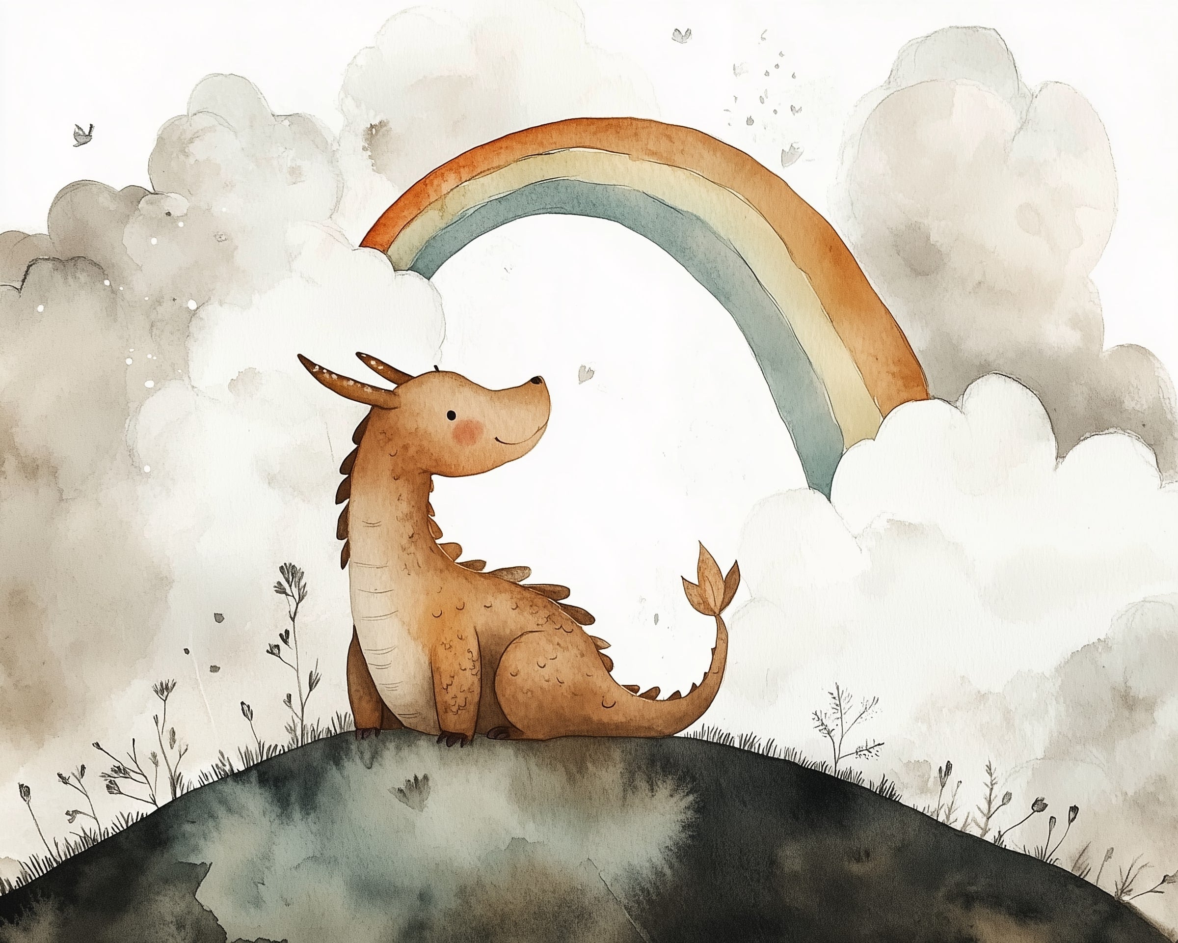 A whimsical watercolor illustration features a cheerful brown dragon sitting on a grassy hill, surrounded by delicate wildflowers. Above, a vibrant rainbow arcs through fluffy, soft clouds, creating a magical and serene atmosphere.