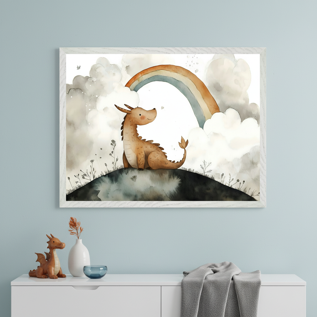 Kid's room with a light blue wall and a white dresser. A framed watercolor painting of a smiling brown dragon on a hill with a rainbow and clouds hangs above the dresser.