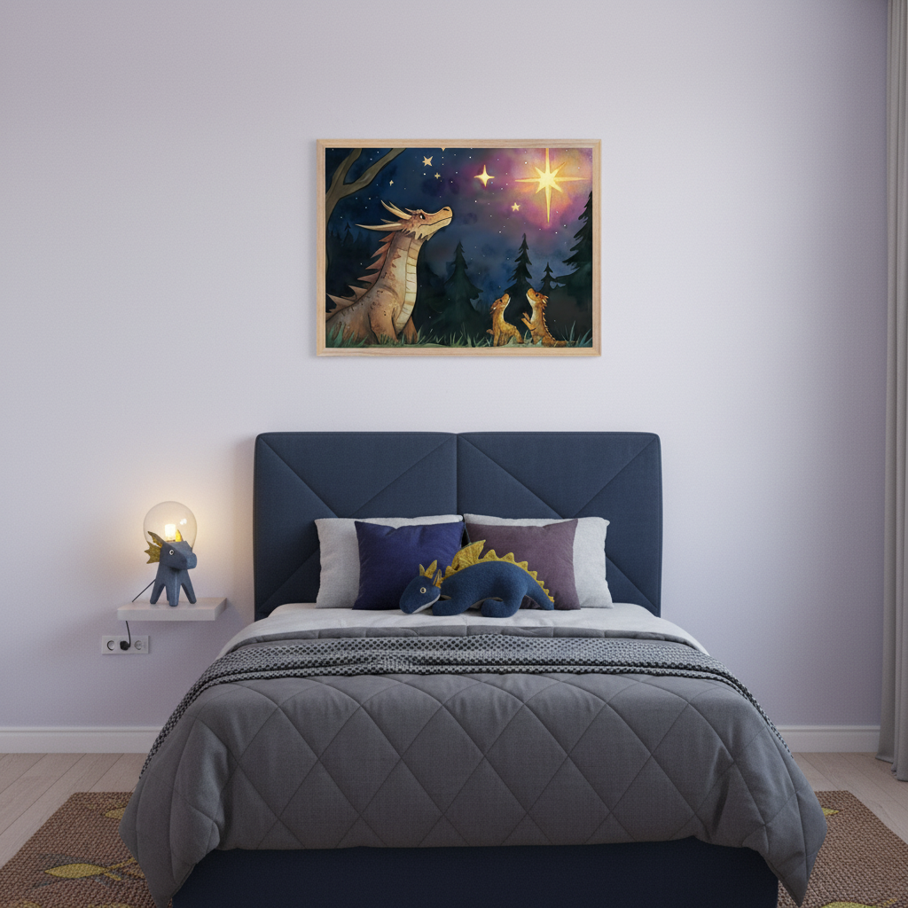Kid's bedroom with a blue bed and a gray comforter. A framed illustration of three dragons looking at a bright star in a night forest hangs centered above the bed. A dragon lamp sits on a white floating nightstand to the left.